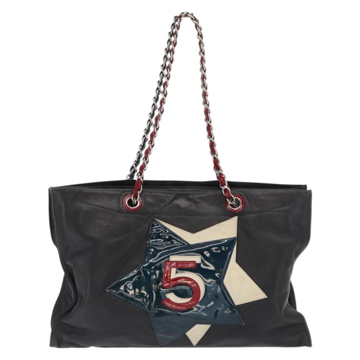 CHANEL Chain Tote Bag Leather Black Silver CC Auth 171101