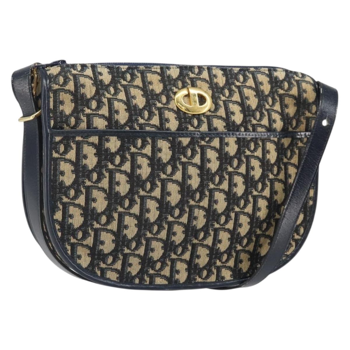 Christian Dior Trotter Canvas Shoulder Bag Navy Gold Auth 171117