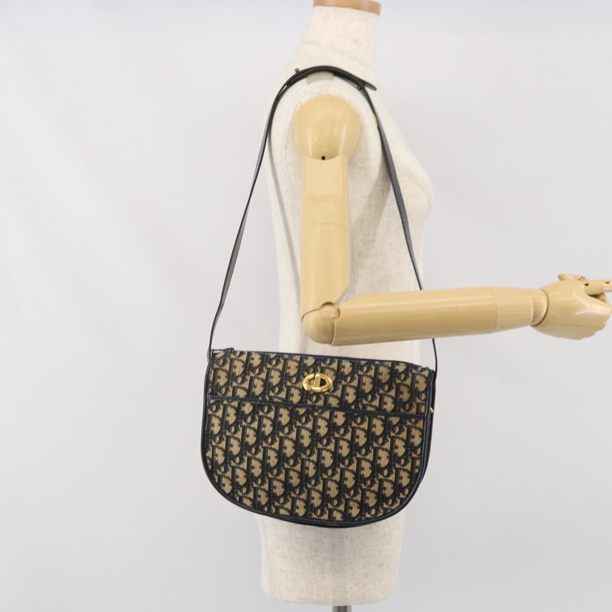 Christian Dior Trotter Canvas Shoulder Bag Navy Gold Auth 171117