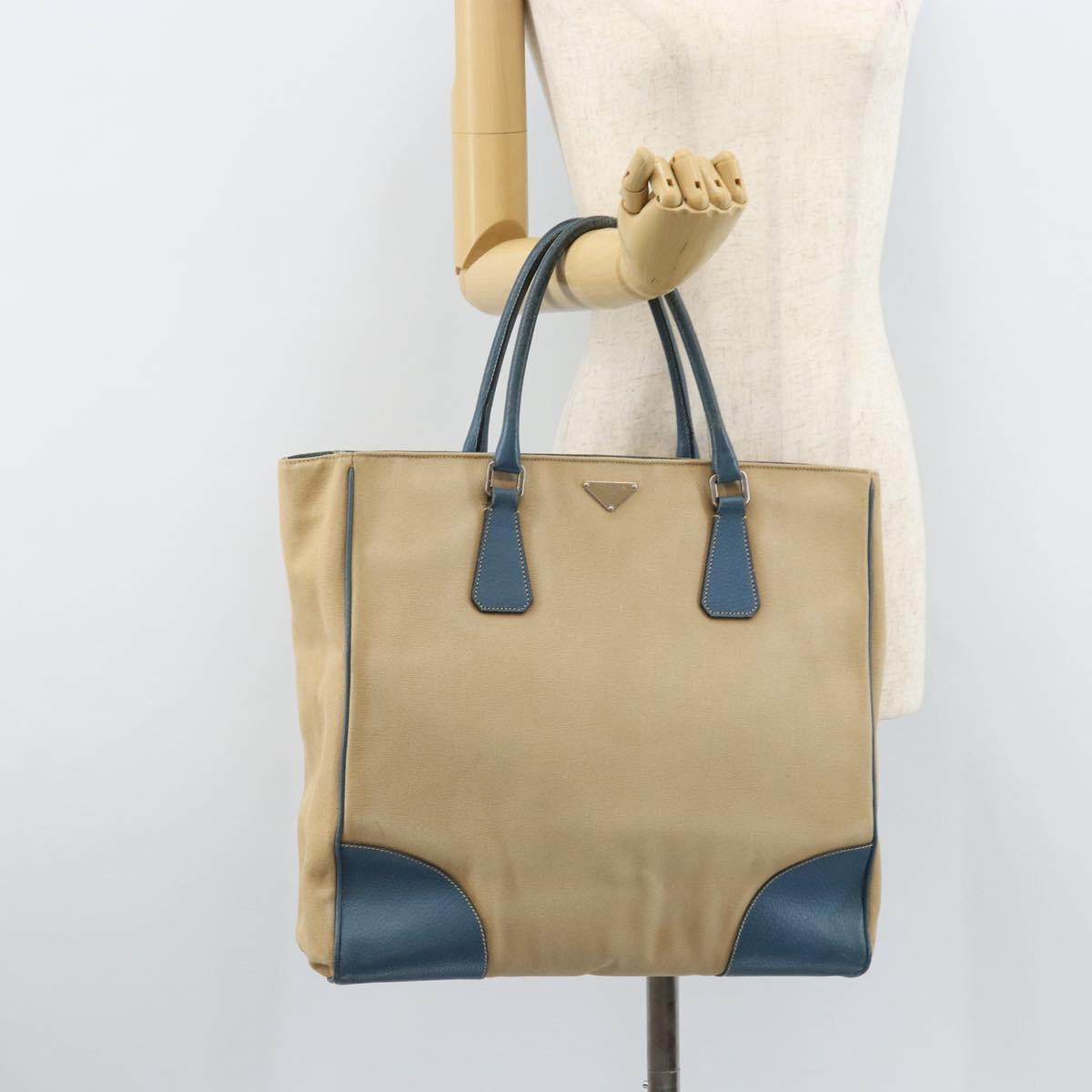 PRADA Tote Bag Canvas Beige Silver Auth 171123