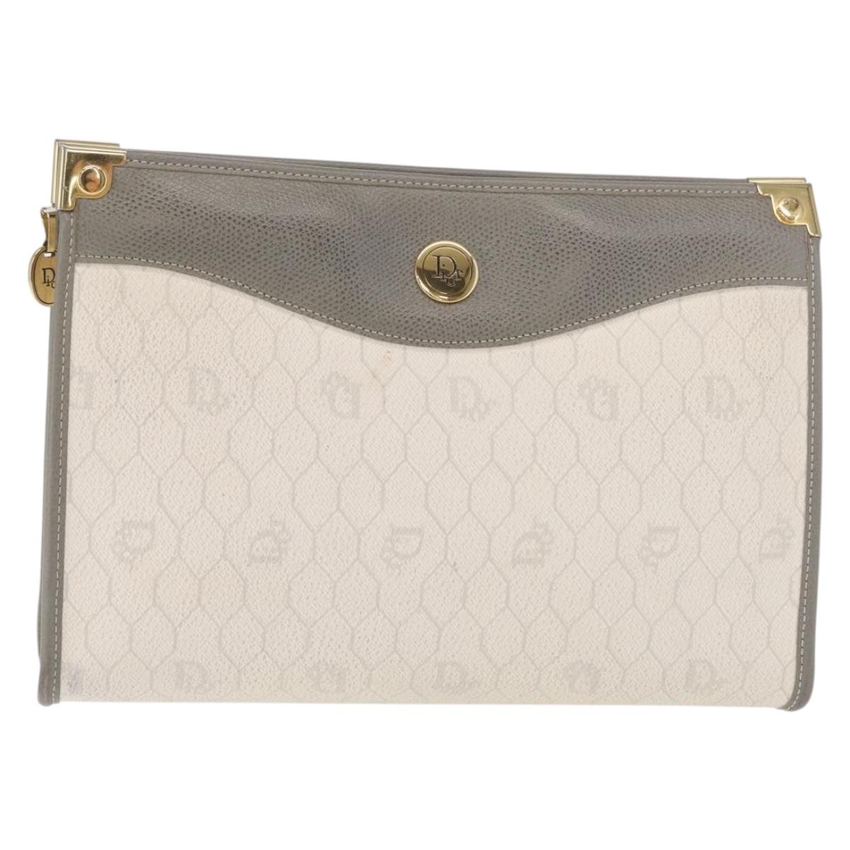 Christian Dior Honeycomb Canvas Clutch Bag PVC Leather White Gold Auth 171167