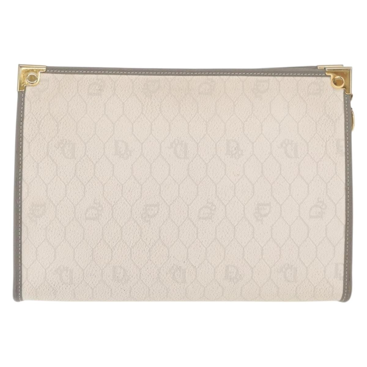Christian Dior Honeycomb Canvas Clutch Bag PVC Leather White Gold Auth 171167