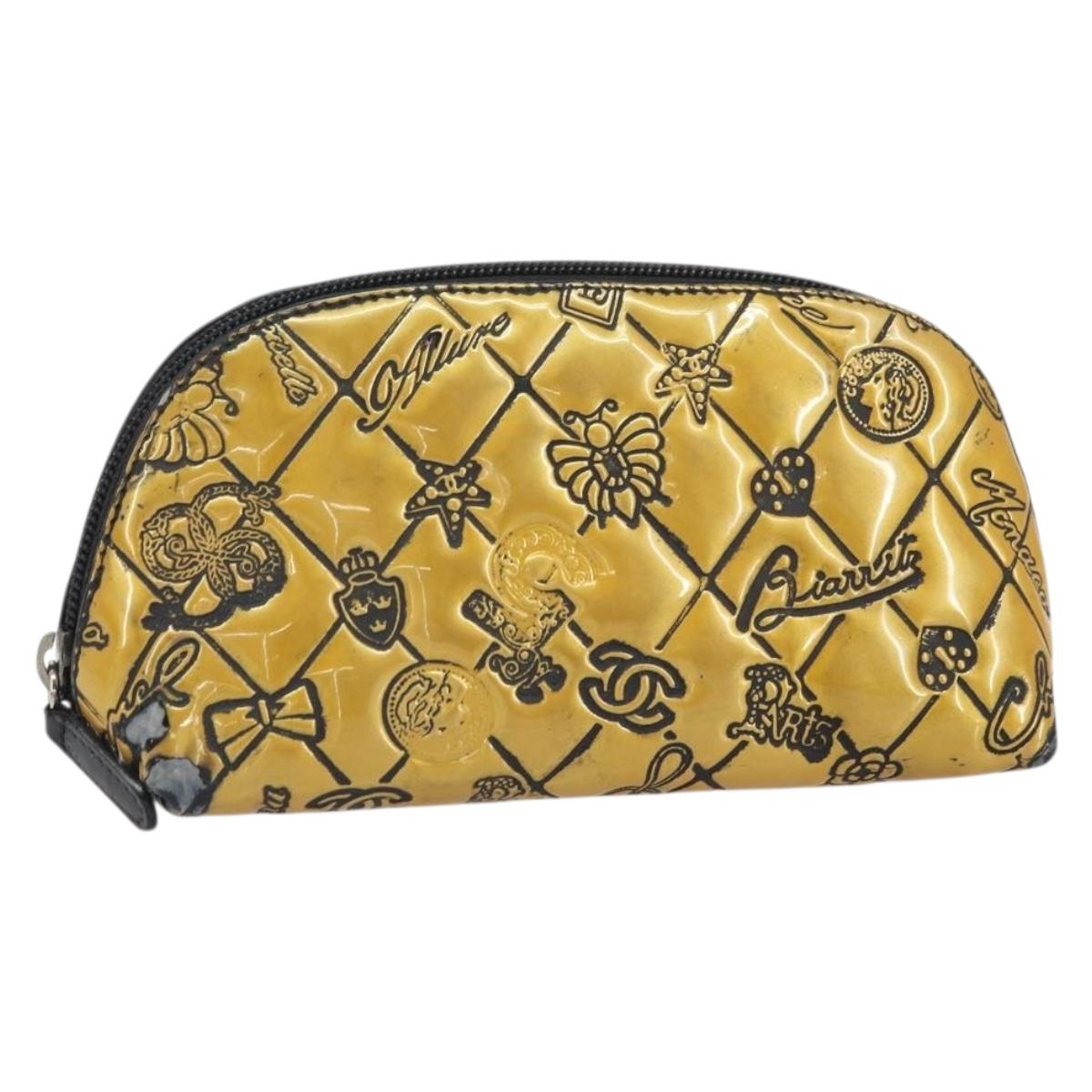 CHANEL Pouch Patent leather Black Gold Silver CC Auth 171183