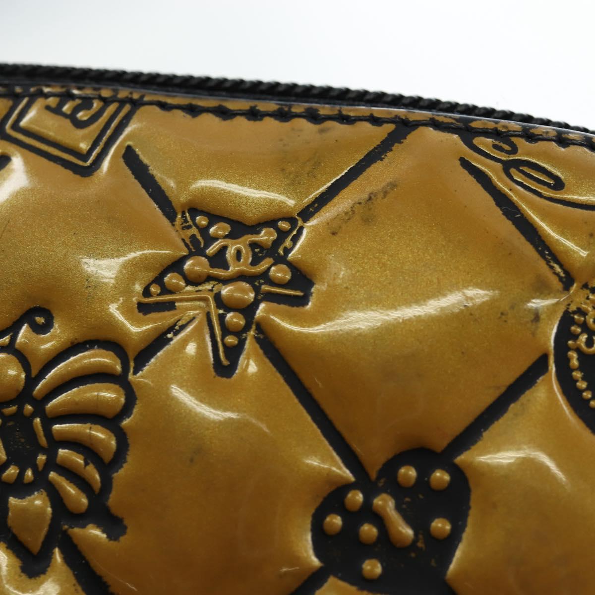 CHANEL Pouch Patent leather Black Gold Silver CC Auth 171183