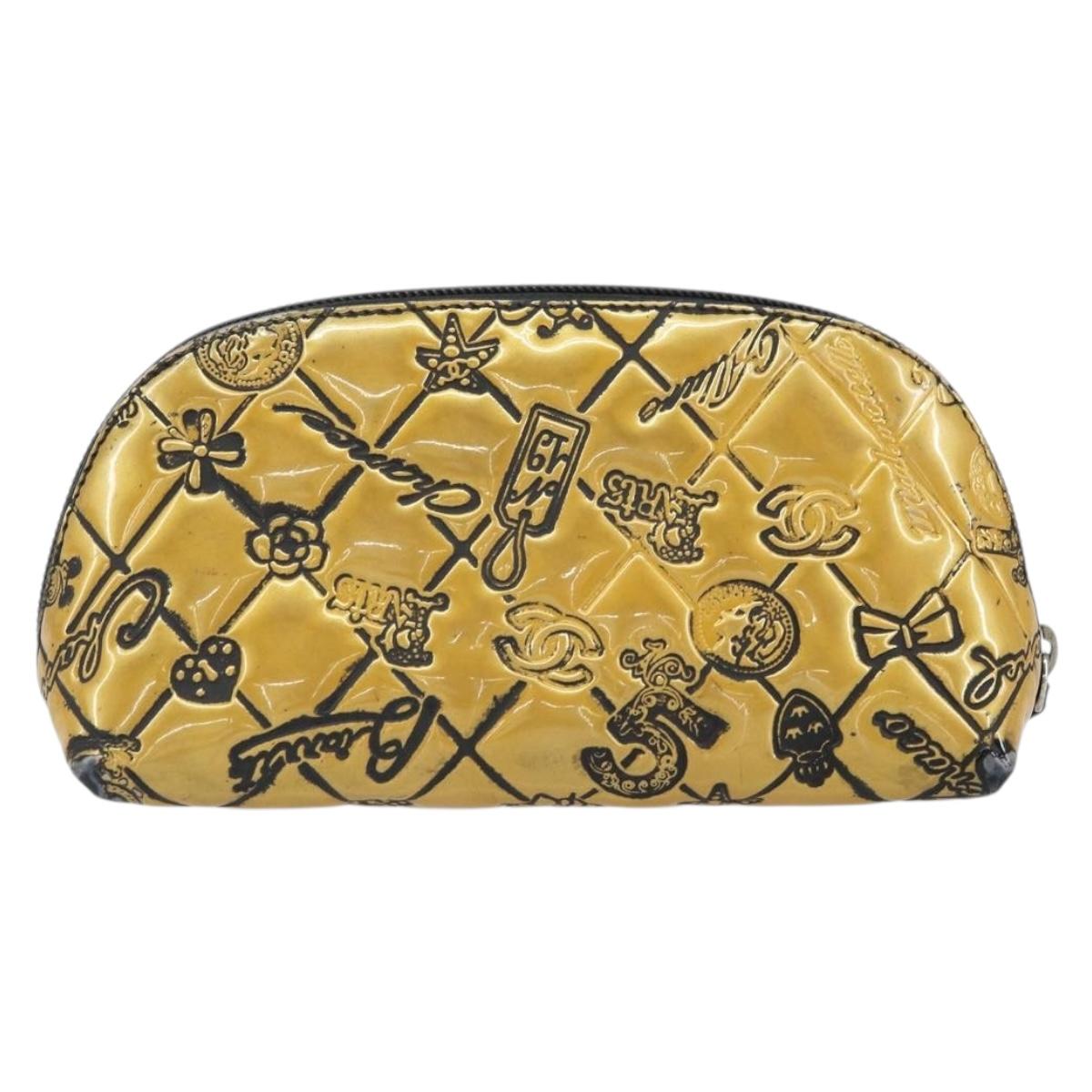 CHANEL Pouch Patent leather Black Gold Silver CC Auth 171183