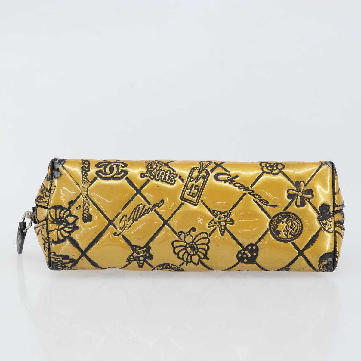 CHANEL Pouch Patent leather Black Gold Silver CC Auth 171183