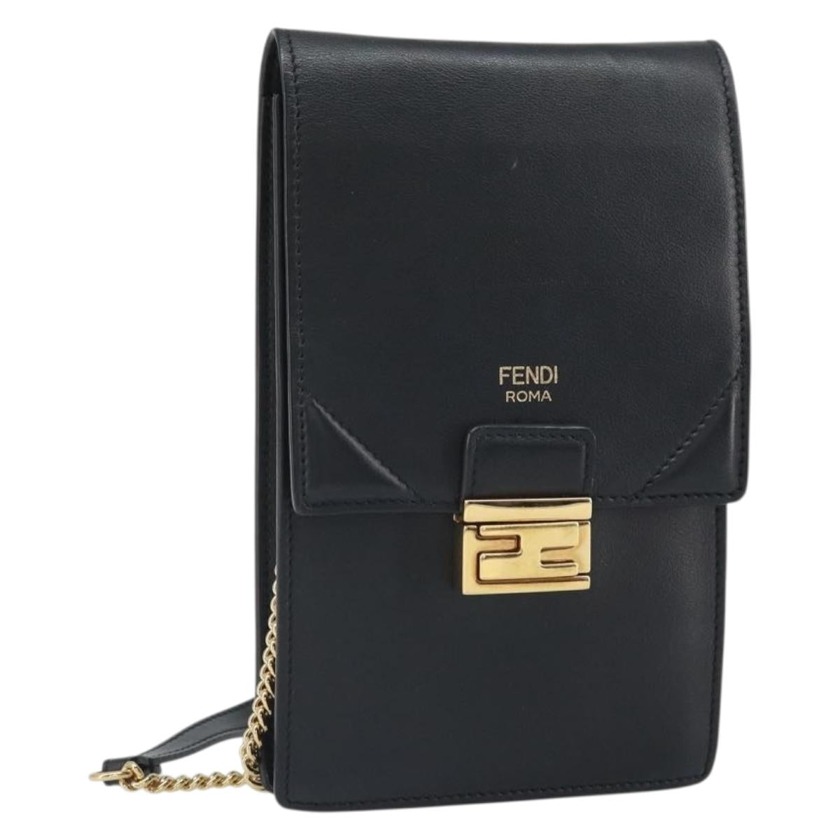FENDI Chain Shoulder Bag Leather Black Gold Auth 171185M