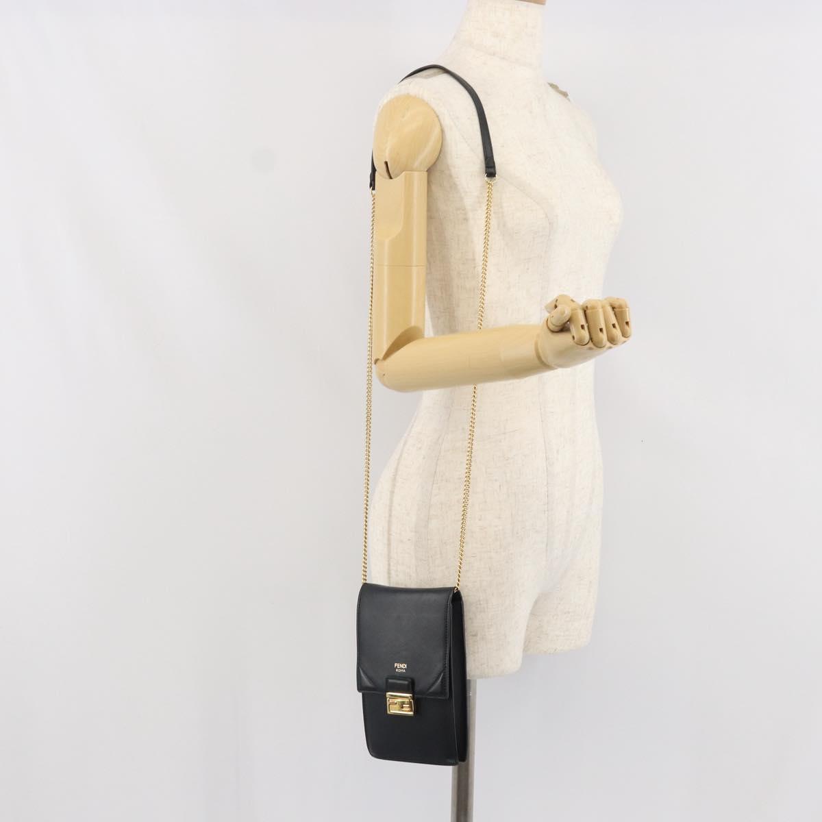 FENDI Chain Shoulder Bag Leather Black Gold Auth 171185M