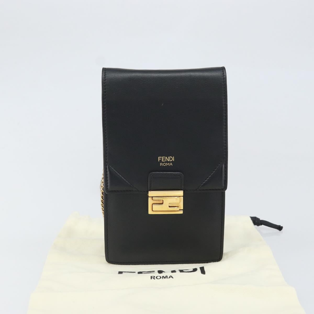 FENDI Chain Shoulder Bag Leather Black Gold Auth 171185M