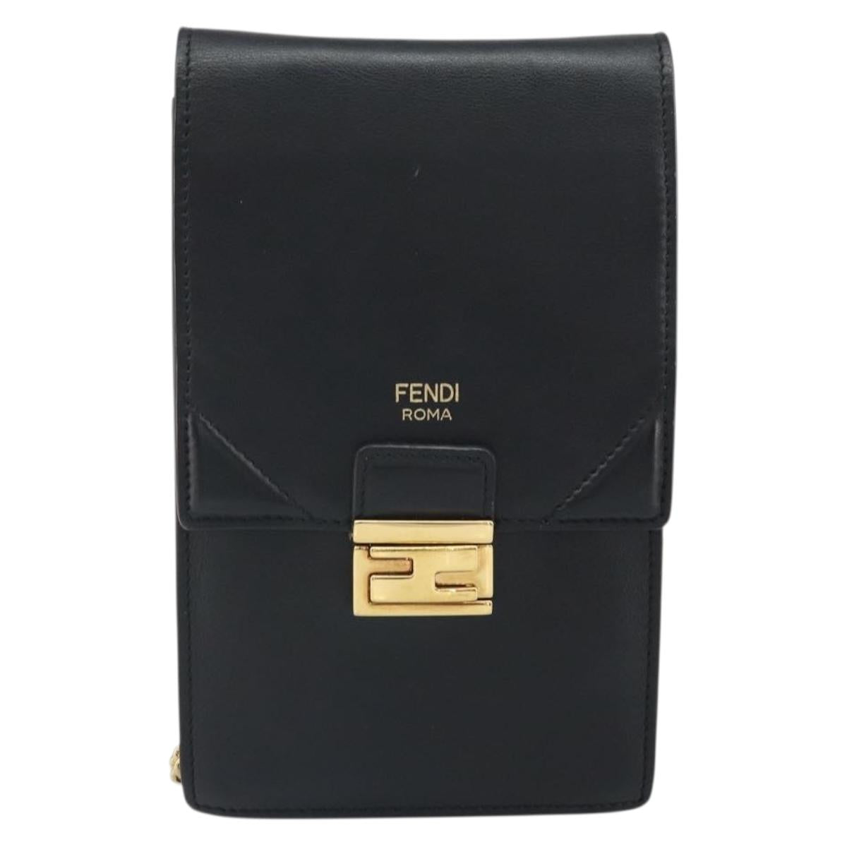FENDI Chain Shoulder Bag Leather Black Gold Auth 171185M