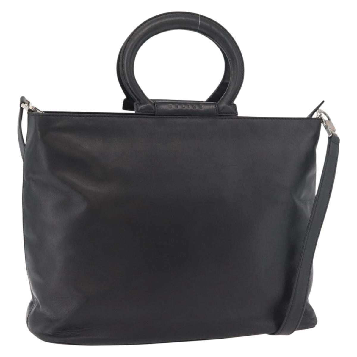 CELINE Hand Bag Leather 2way Black Gold Auth 171255A