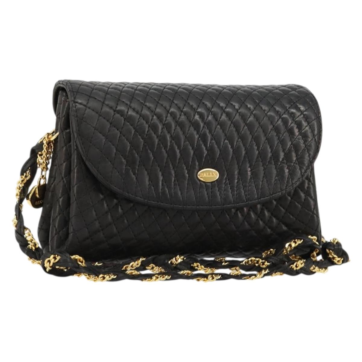 BALLY Chain Shoulder Bag Leather Black Gold Auth 171275