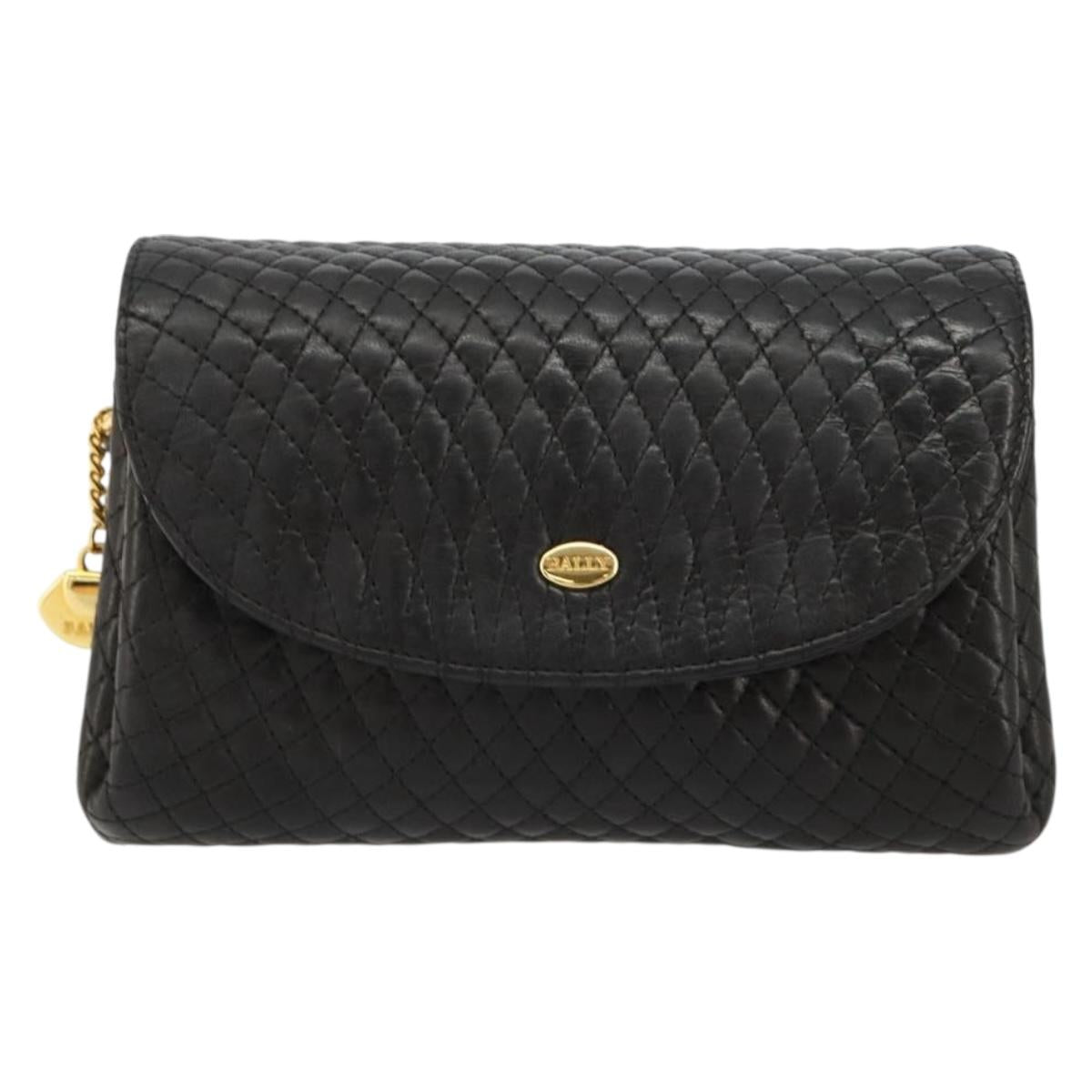 BALLY Chain Shoulder Bag Leather Black Gold Auth 171275