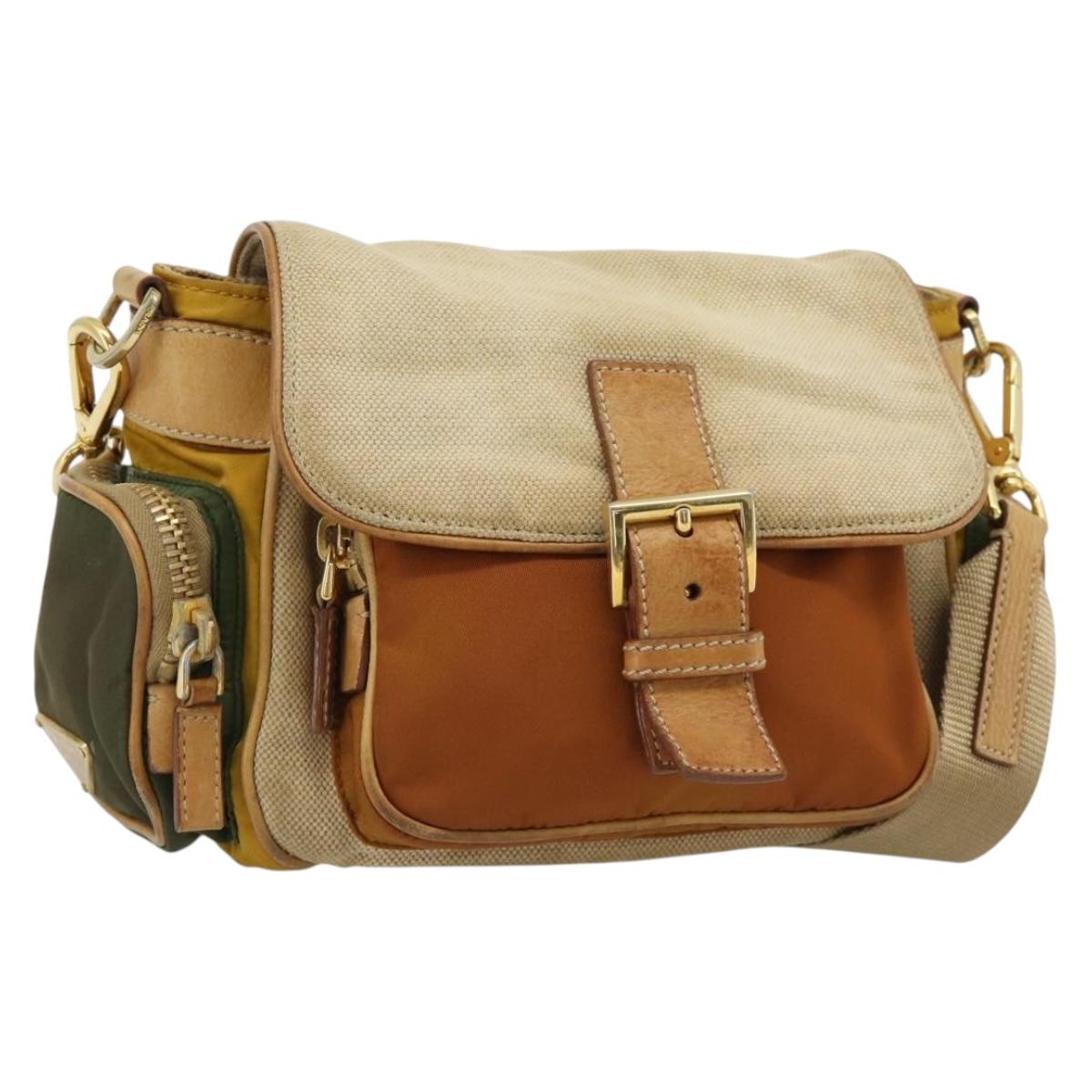 PRADA Shoulder Bag Nylon Canvas Beige Gold Auth 171276