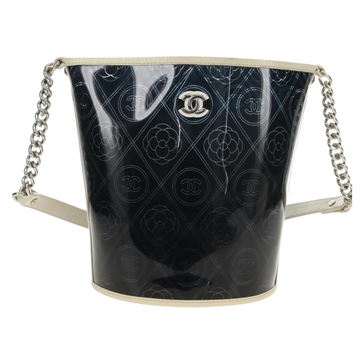 CHANEL Camelia Chain Shoulder Bag Vinyl Blue Silver CC Auth 171291SAM