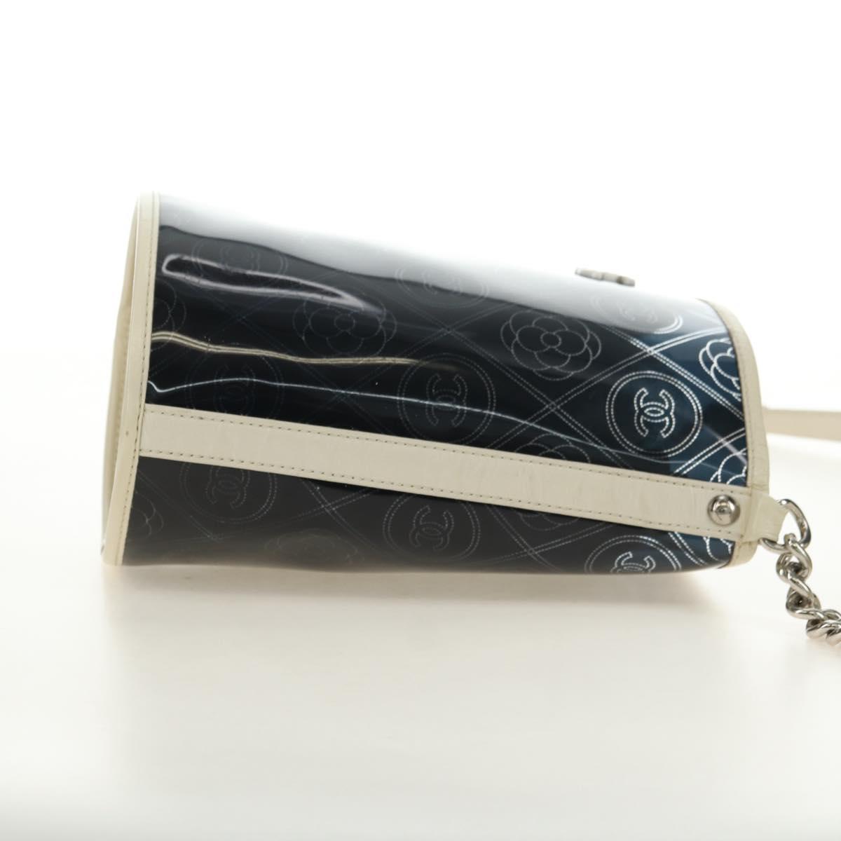 CHANEL Camelia Chain Shoulder Bag Vinyl Blue Silver CC Auth 171291SAM