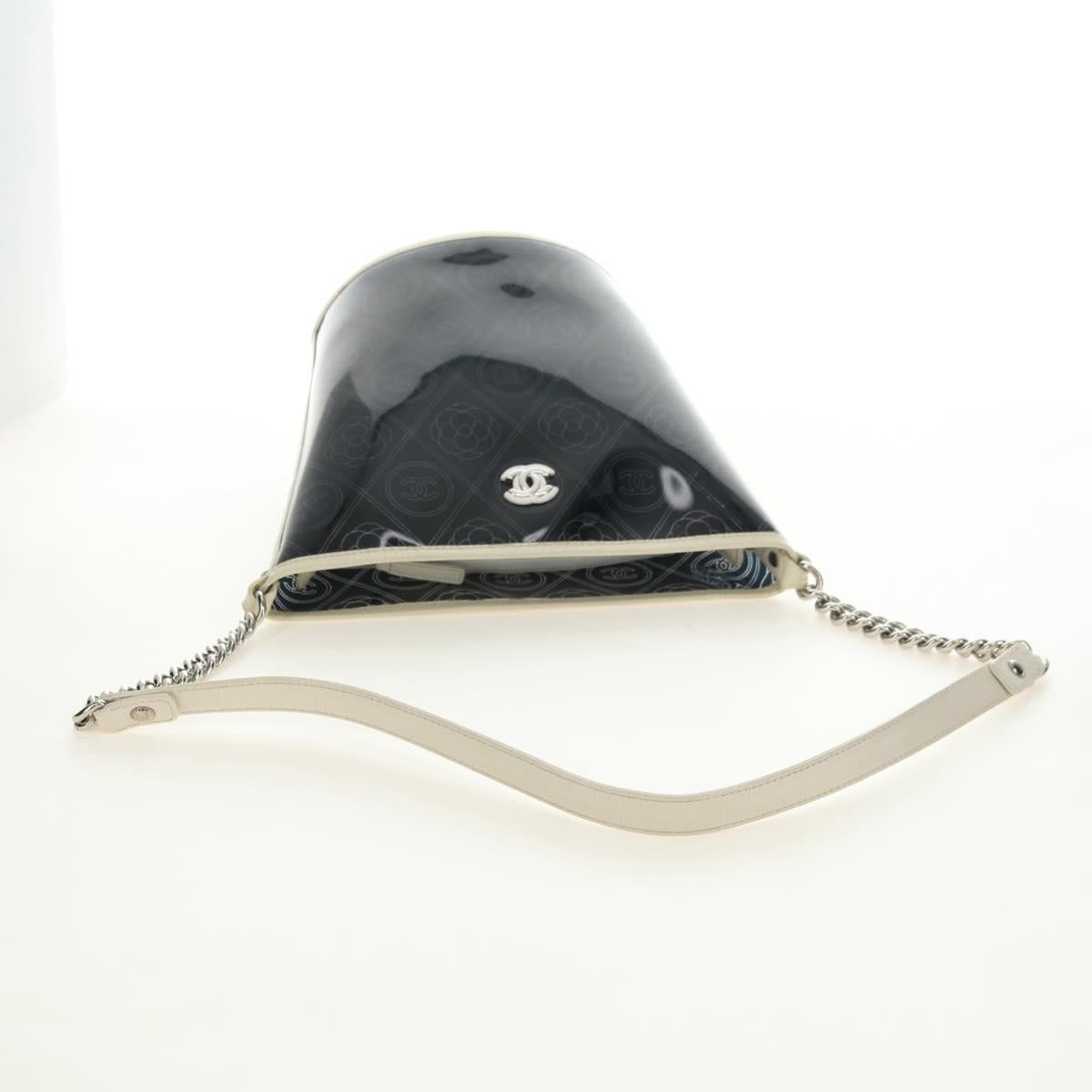 CHANEL Camelia Chain Shoulder Bag Vinyl Blue Silver CC Auth 171291SAM