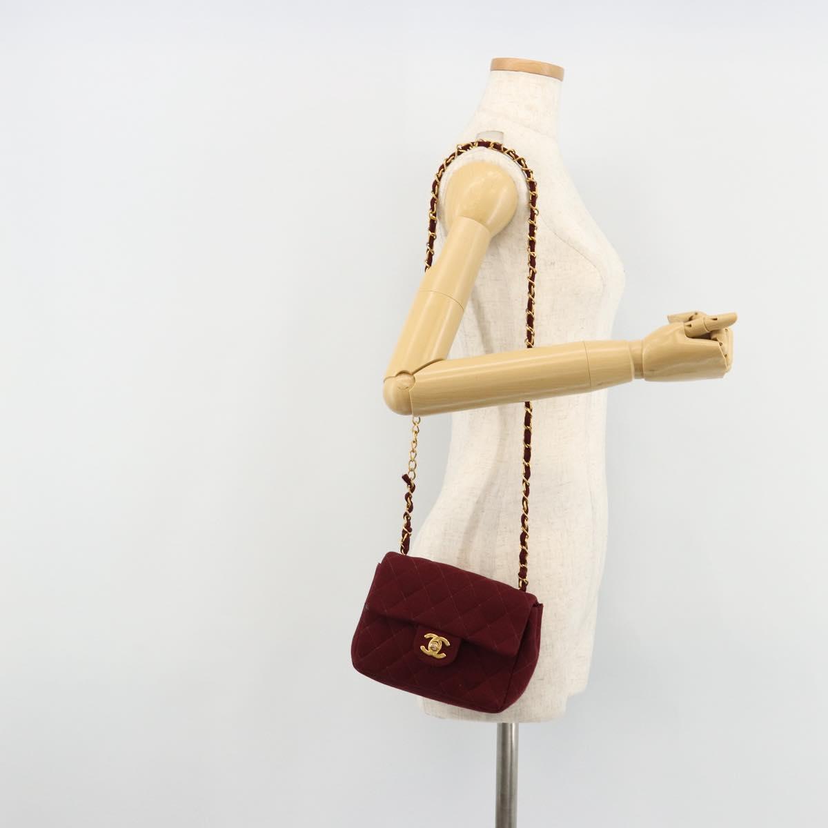 CHANEL Matelasse Chain Shoulder Bag Cotton Bordeaux Gold CC Auth 171294