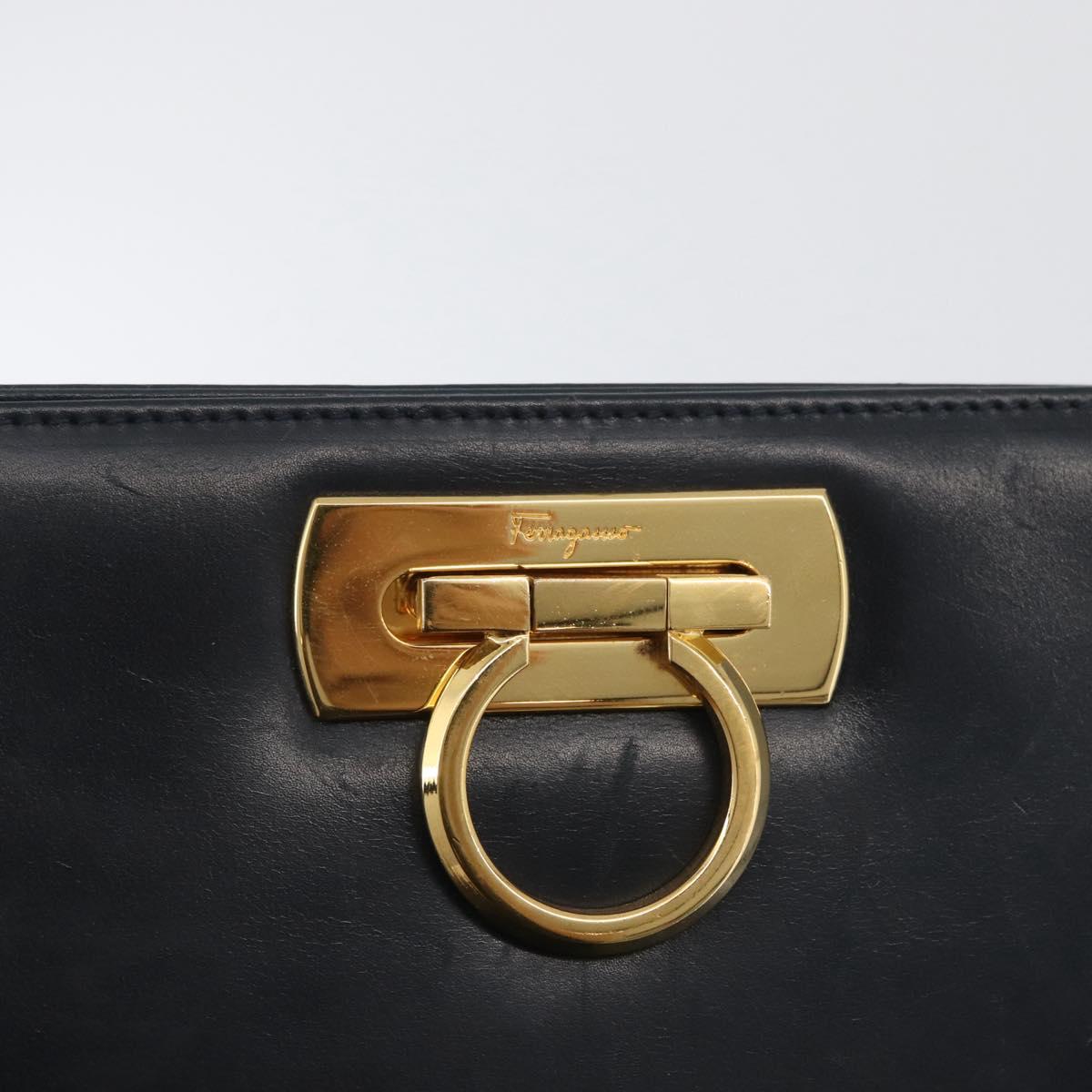 Salvatore Ferragamo Gancini Chain Shoulder Bag Leather Navy Gold Auth 171314