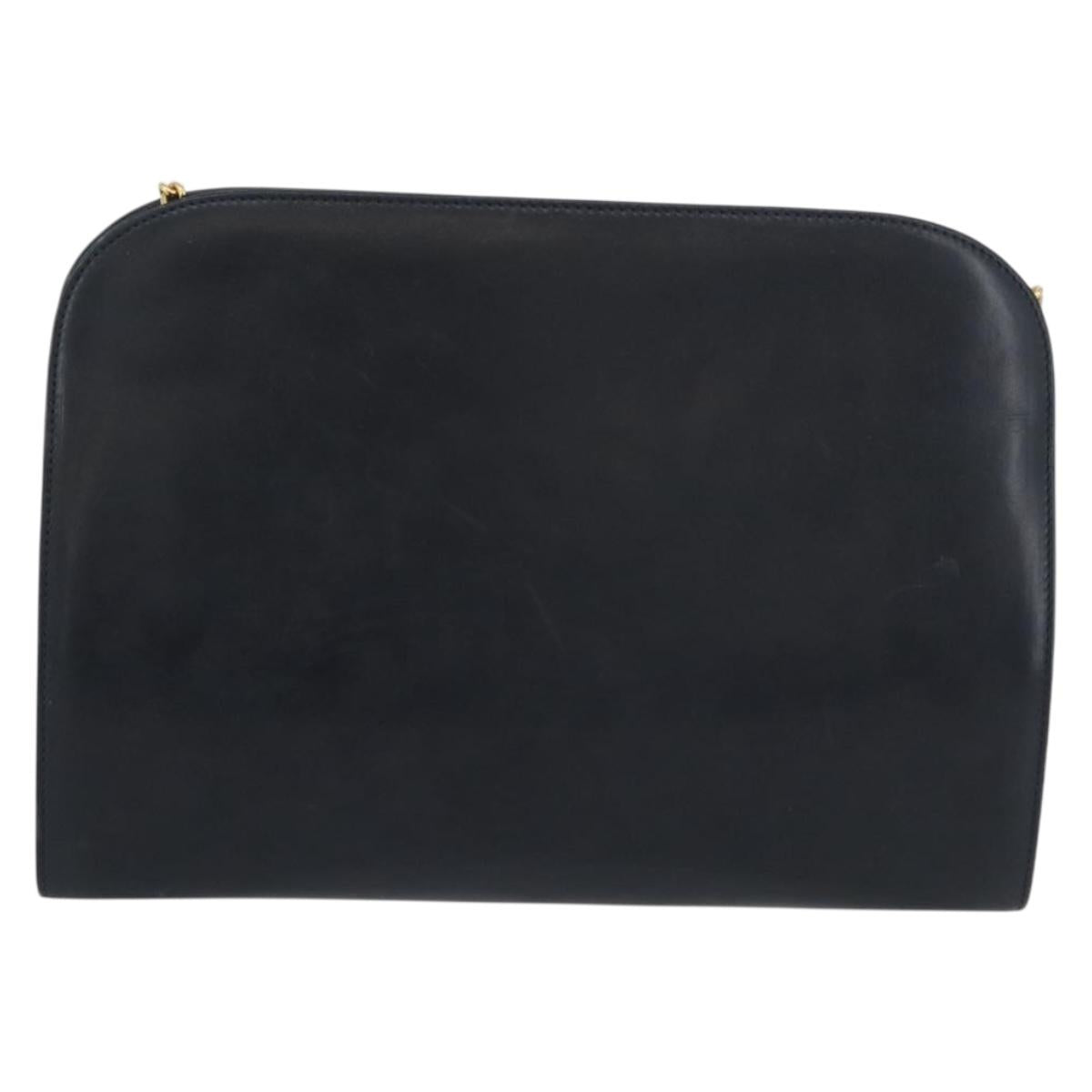 Salvatore Ferragamo Gancini Chain Shoulder Bag Leather Navy Gold Auth 171314