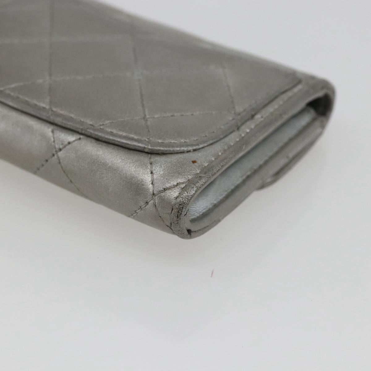 CHANEL Matelasse Card Case Leather Silver CC Auth 171336