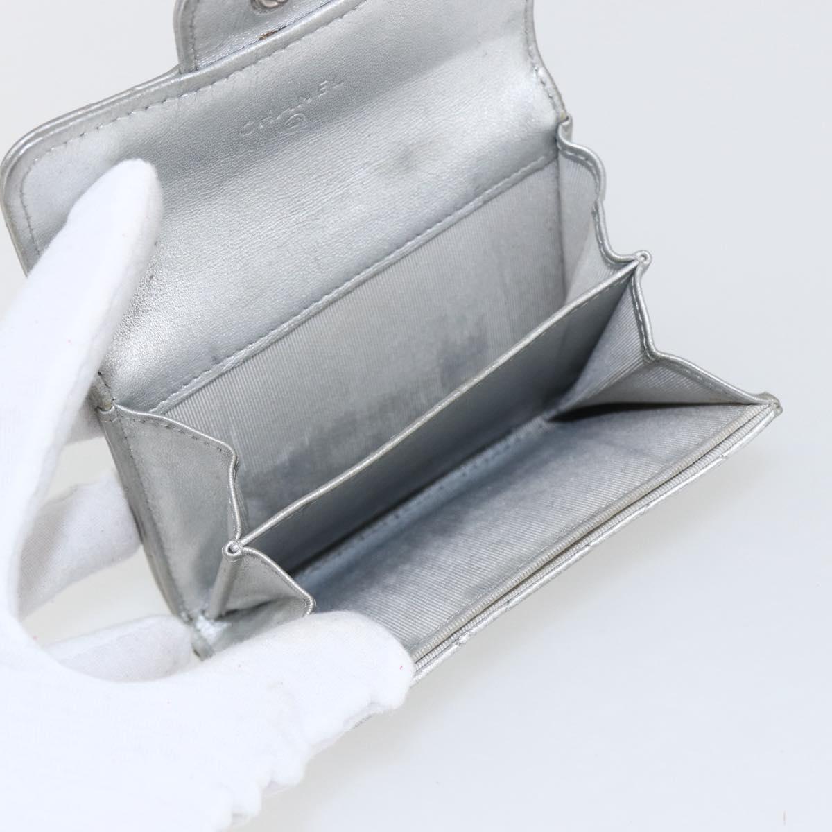 CHANEL Matelasse Card Case Leather Silver CC Auth 171336