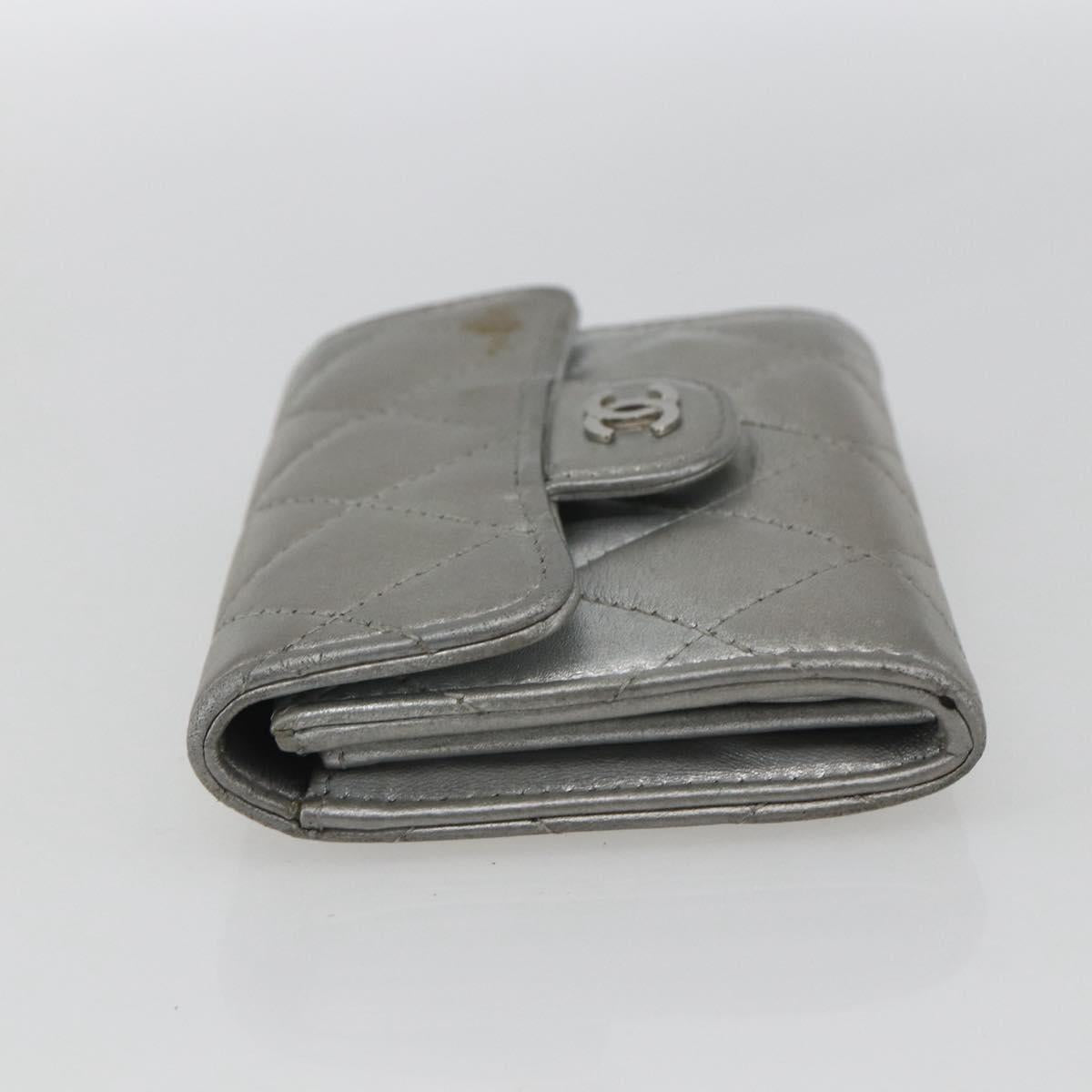 CHANEL Matelasse Card Case Leather Silver CC Auth 171336
