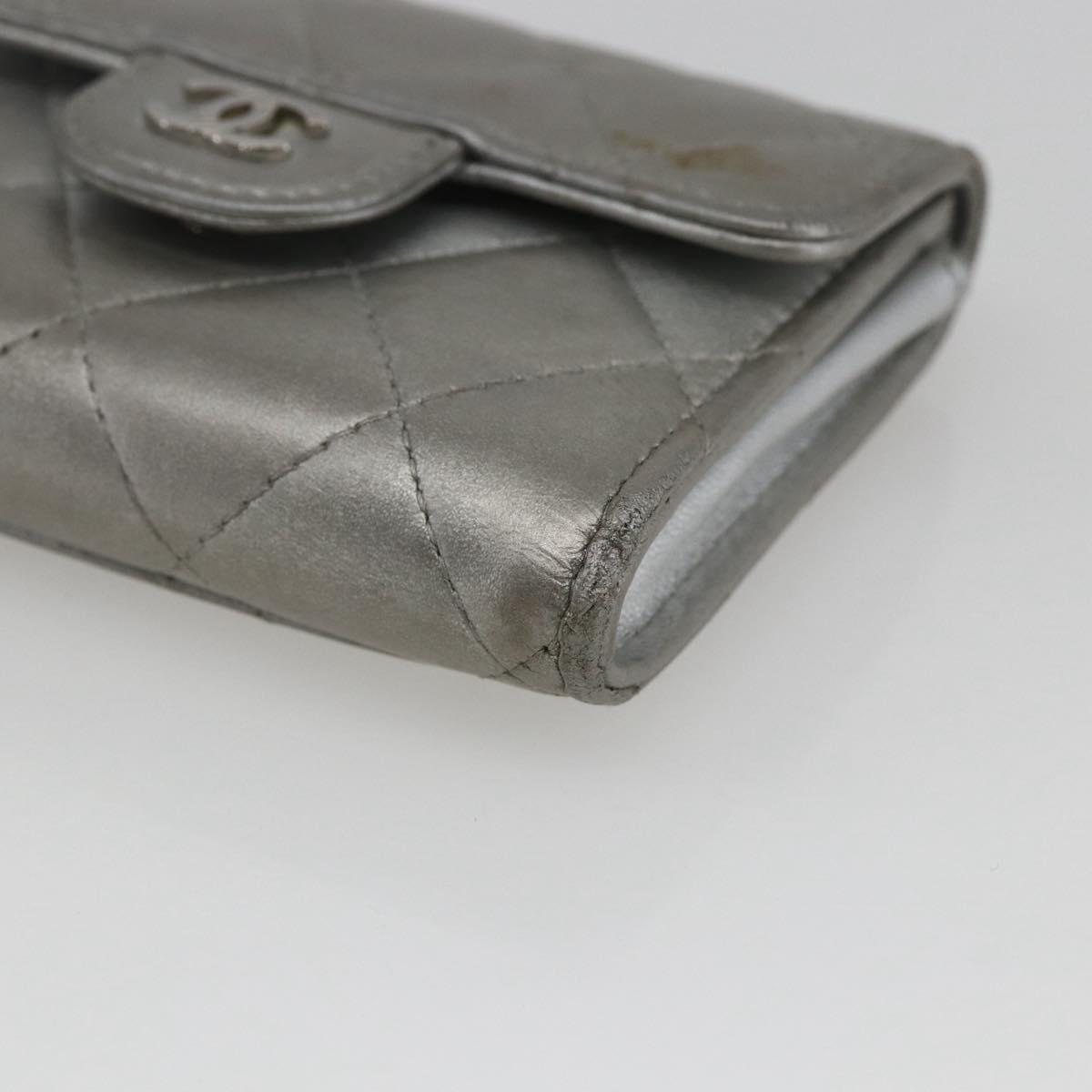 CHANEL Matelasse Card Case Leather Silver CC Auth 171336