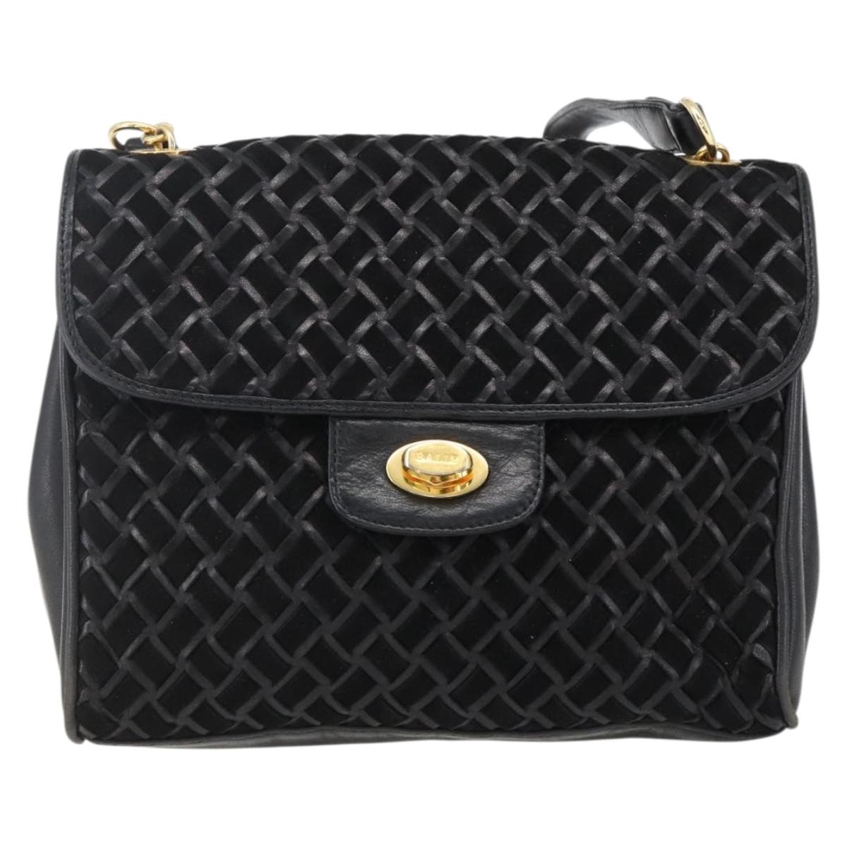 BALLY Shoulder Bag Leather Suede Black Gold Auth 171410
