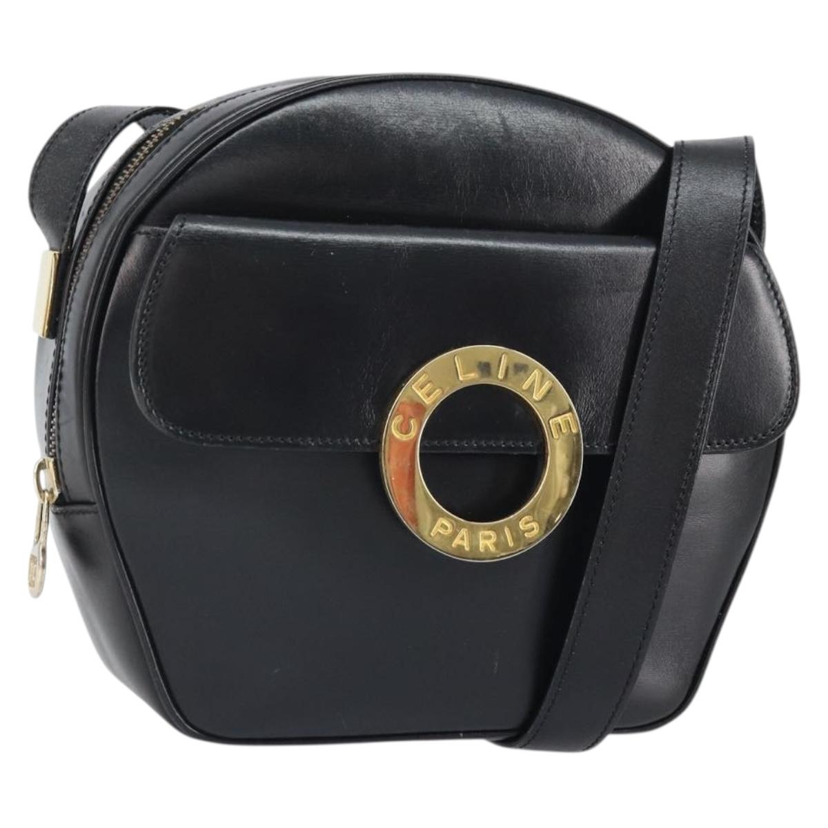 CELINE Circle Shoulder Bag Leather Black Gold Auth 171411V