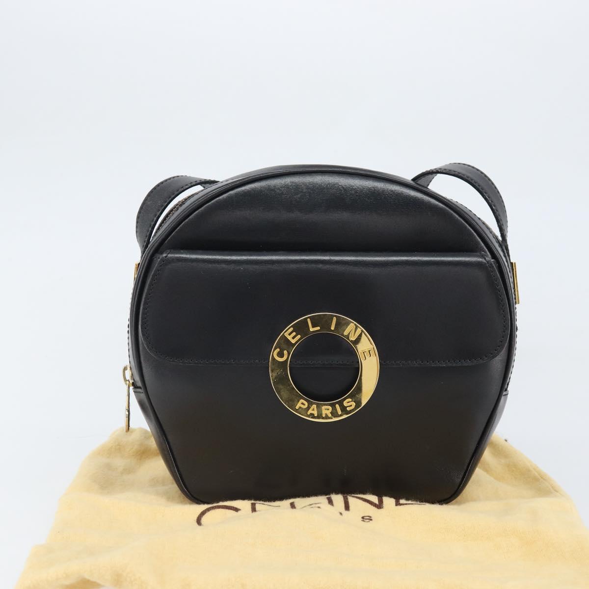 CELINE Circle Shoulder Bag Leather Black Gold Auth 171411V