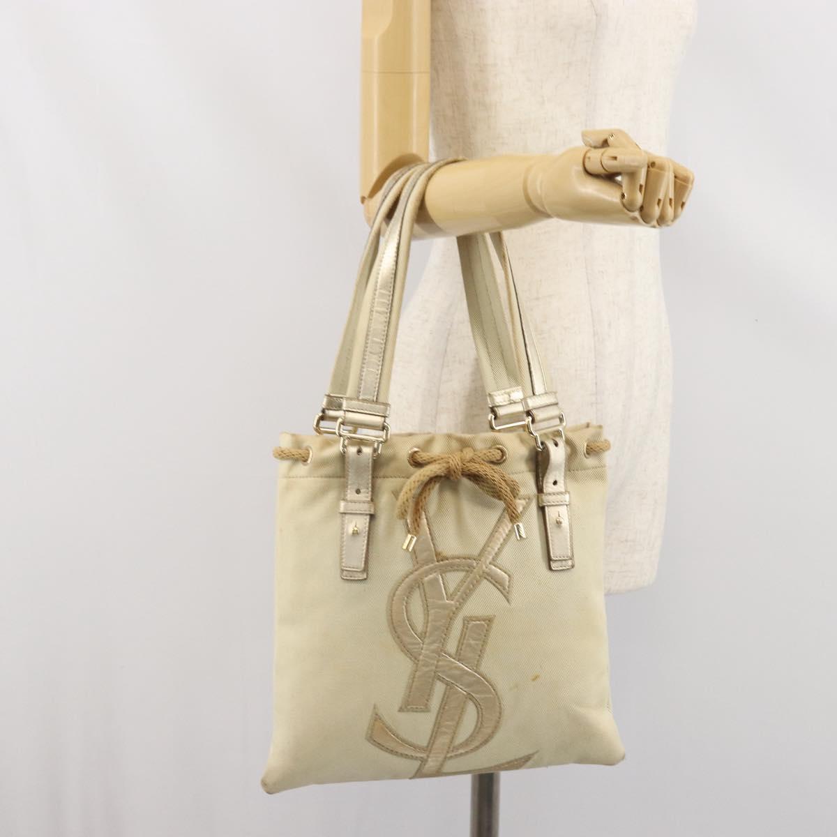 SAINT LAURENT Kahala Tote Bag Canvas Beige Gold 123435 Auth 171425
