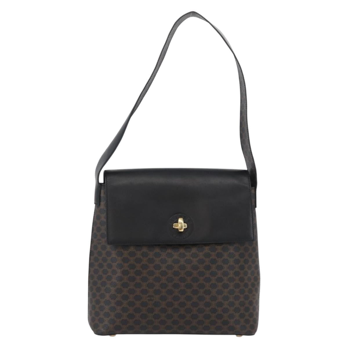 CELINE Macadam Canvas Shoulder Bag PVC Leather Black Gold Auth 171442V