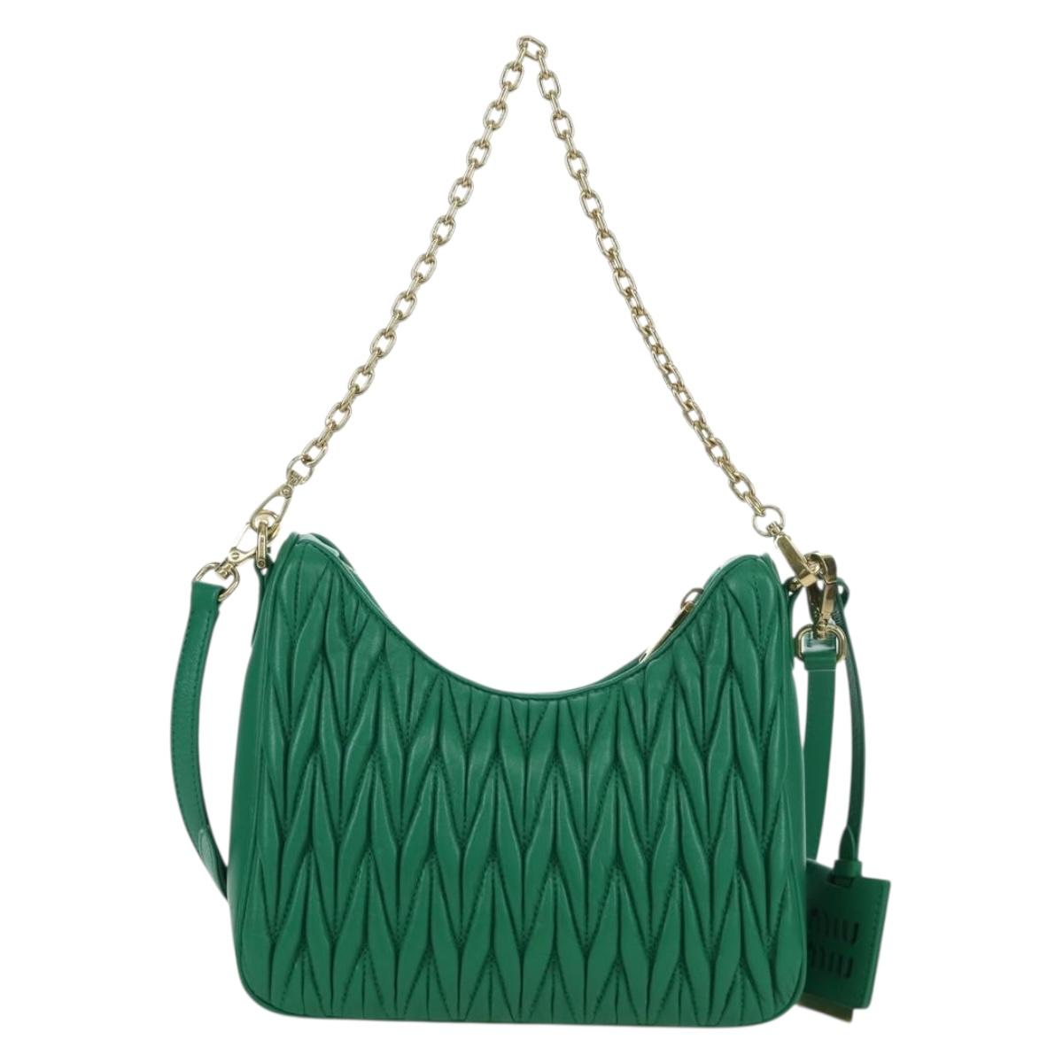 Miu Miu Matelasse Chain Shoulder Bag Leather 2way Green Gold Auth 171450SAM