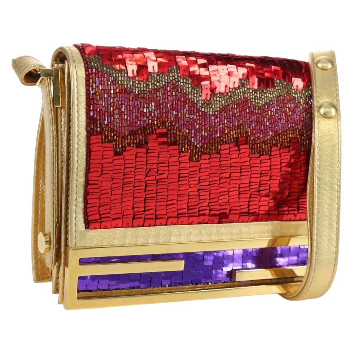 FENDI Sequin Shoulder Bag Leather Multicolor Gold Auth 171457SV