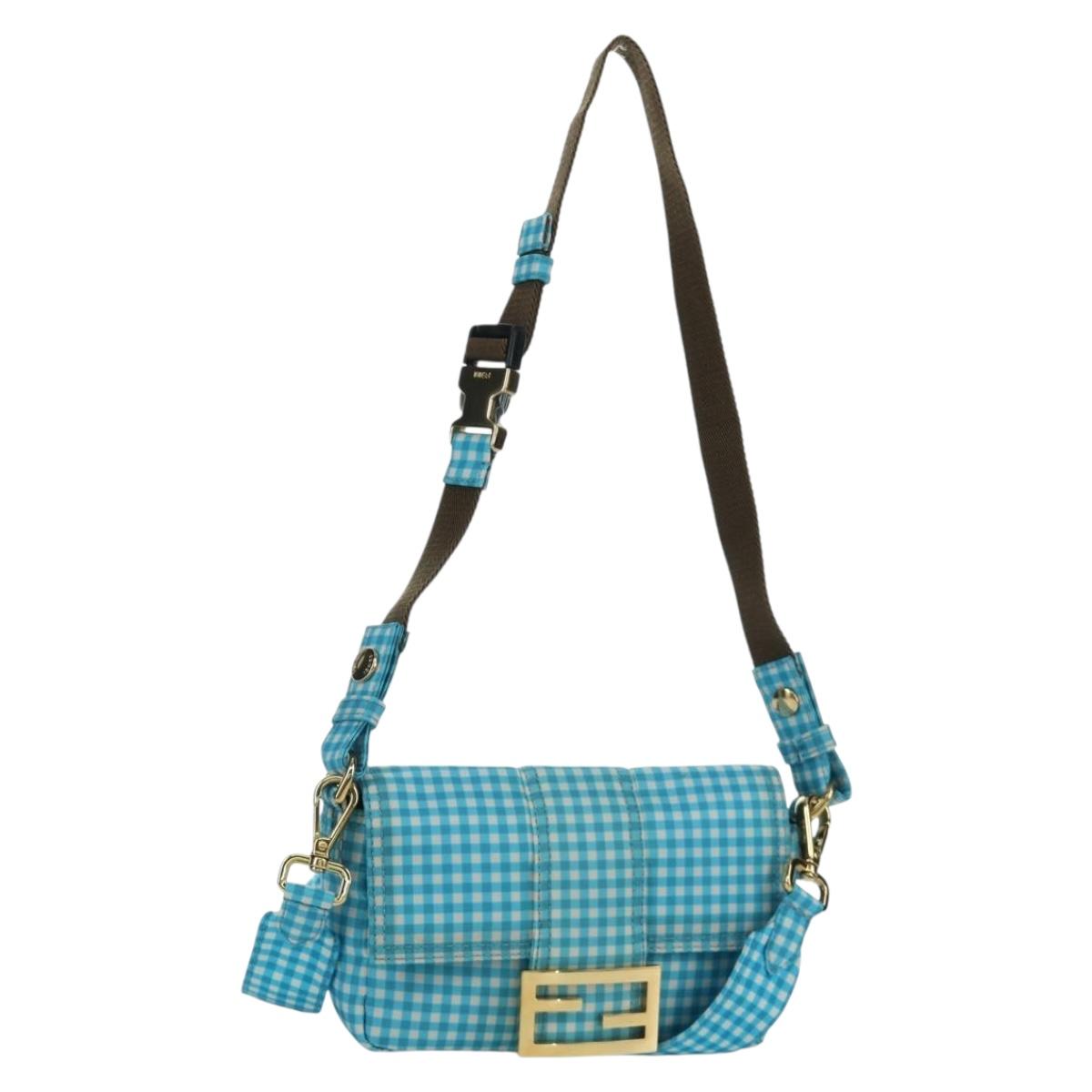 FENDI Mamma Baguette Shoulder Bag Nylon 2way Light Blue Gold Auth 171465M