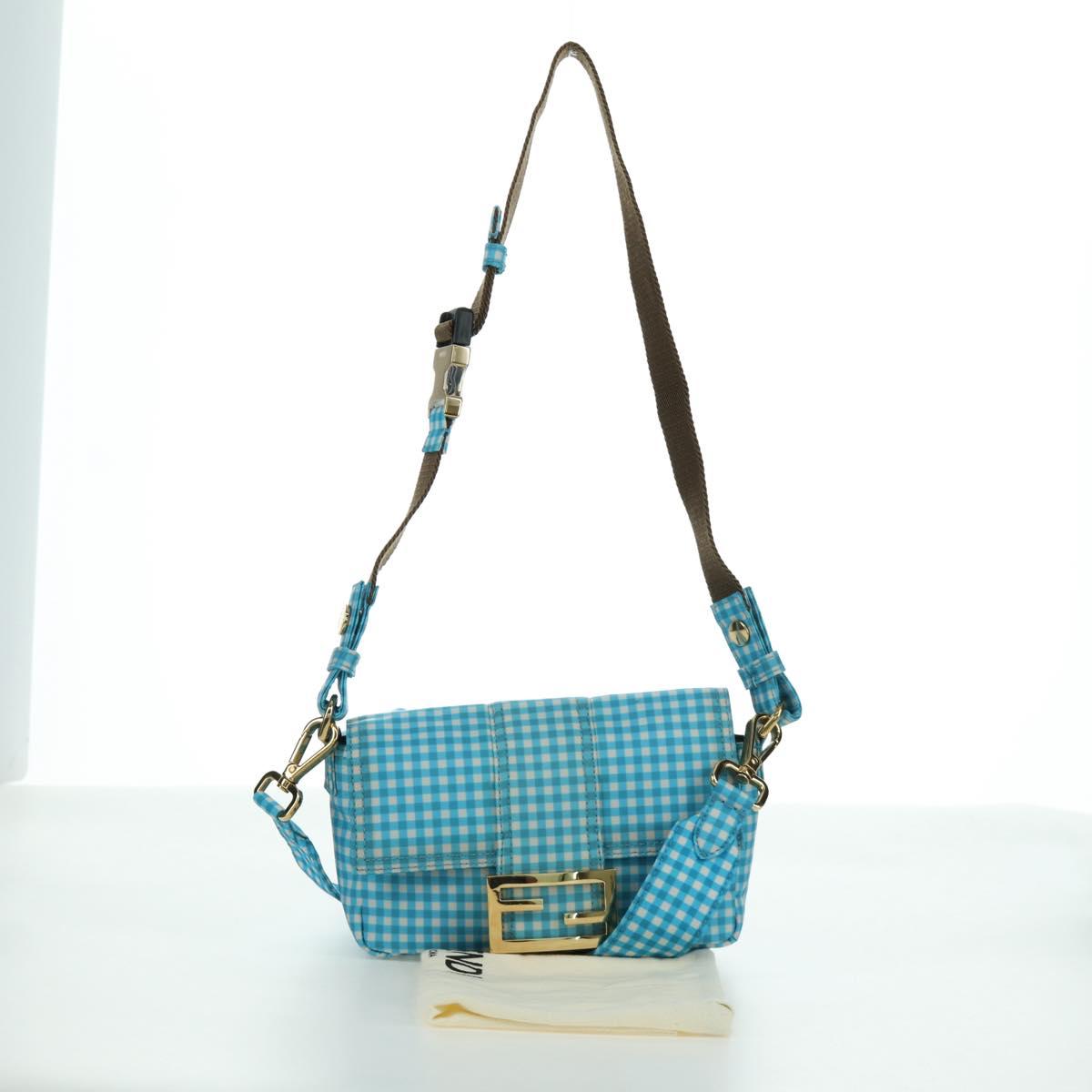 FENDI Mamma Baguette Shoulder Bag Nylon 2way Light Blue Gold Auth 171465M