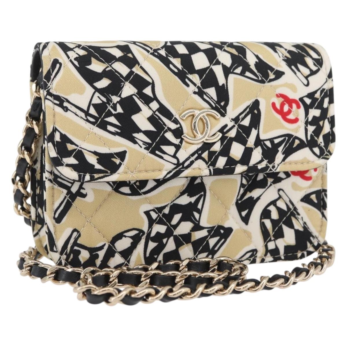 CHANEL Mini Matelasse 12 Chain Pouch Shoulder Satin Beige Gold CC Auth 171471SAM