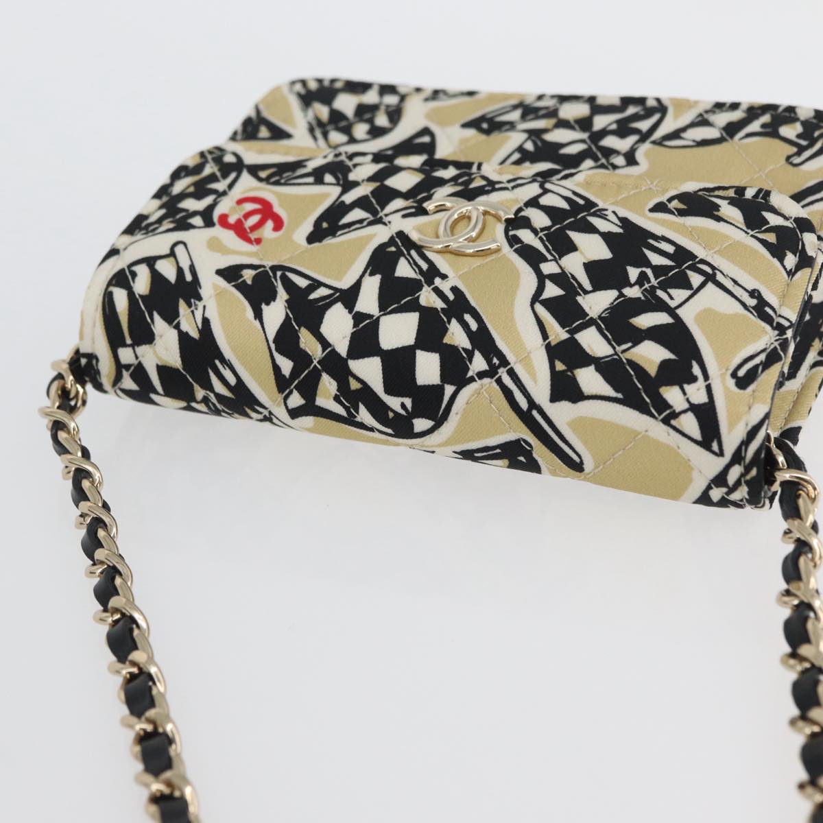 CHANEL Mini Matelasse 12 Chain Pouch Shoulder Satin Beige Gold CC Auth 171471SAM