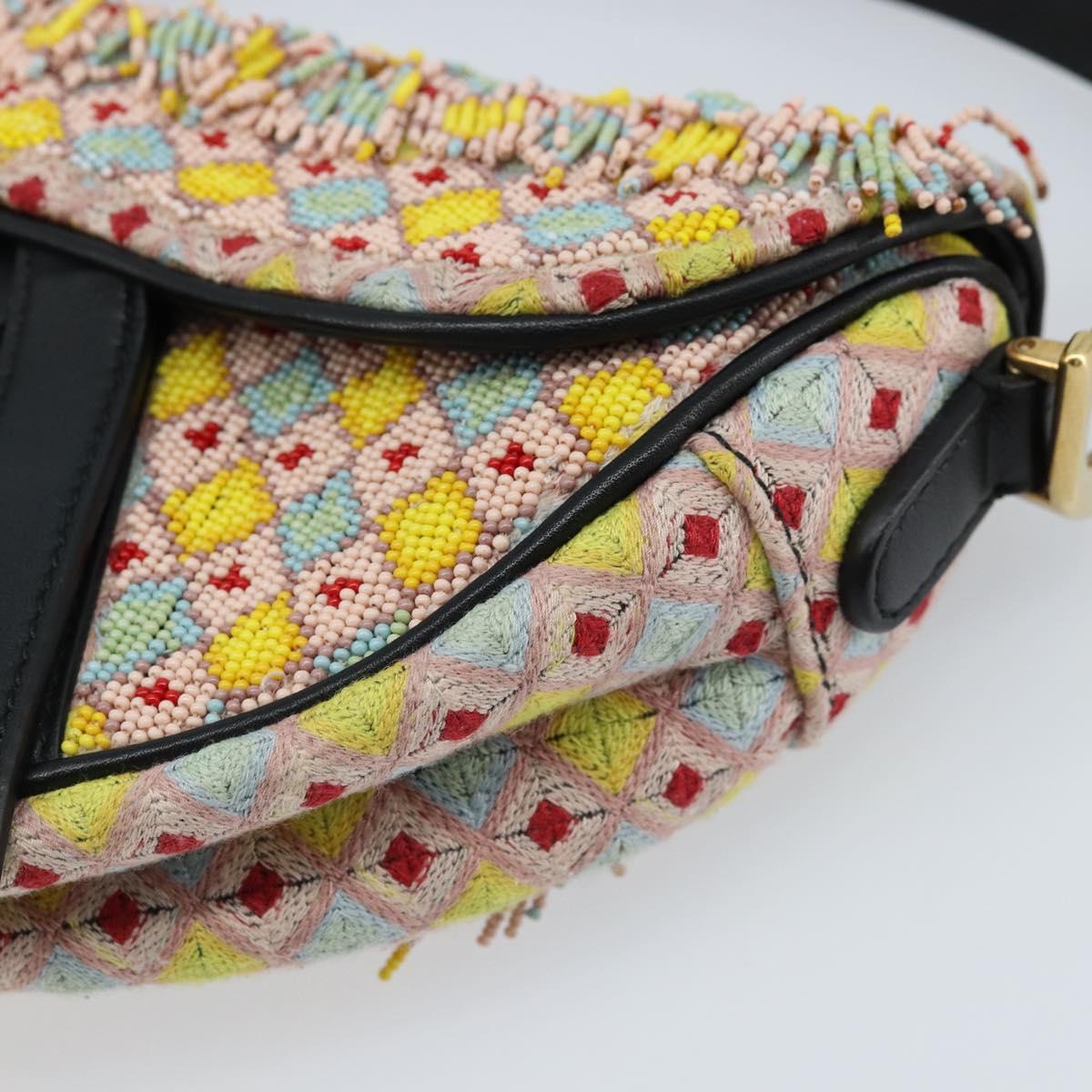 Christian Dior Beads Saddle Hand Bag Canvas Multicolor Gold Auth 171485SM