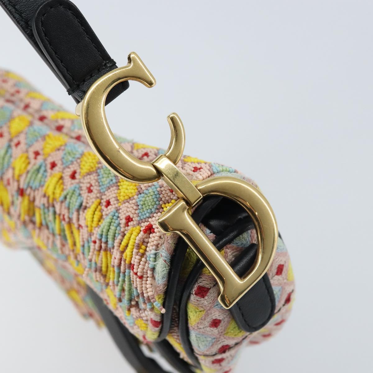 Christian Dior Beads Saddle Hand Bag Canvas Multicolor Gold Auth 171485SM