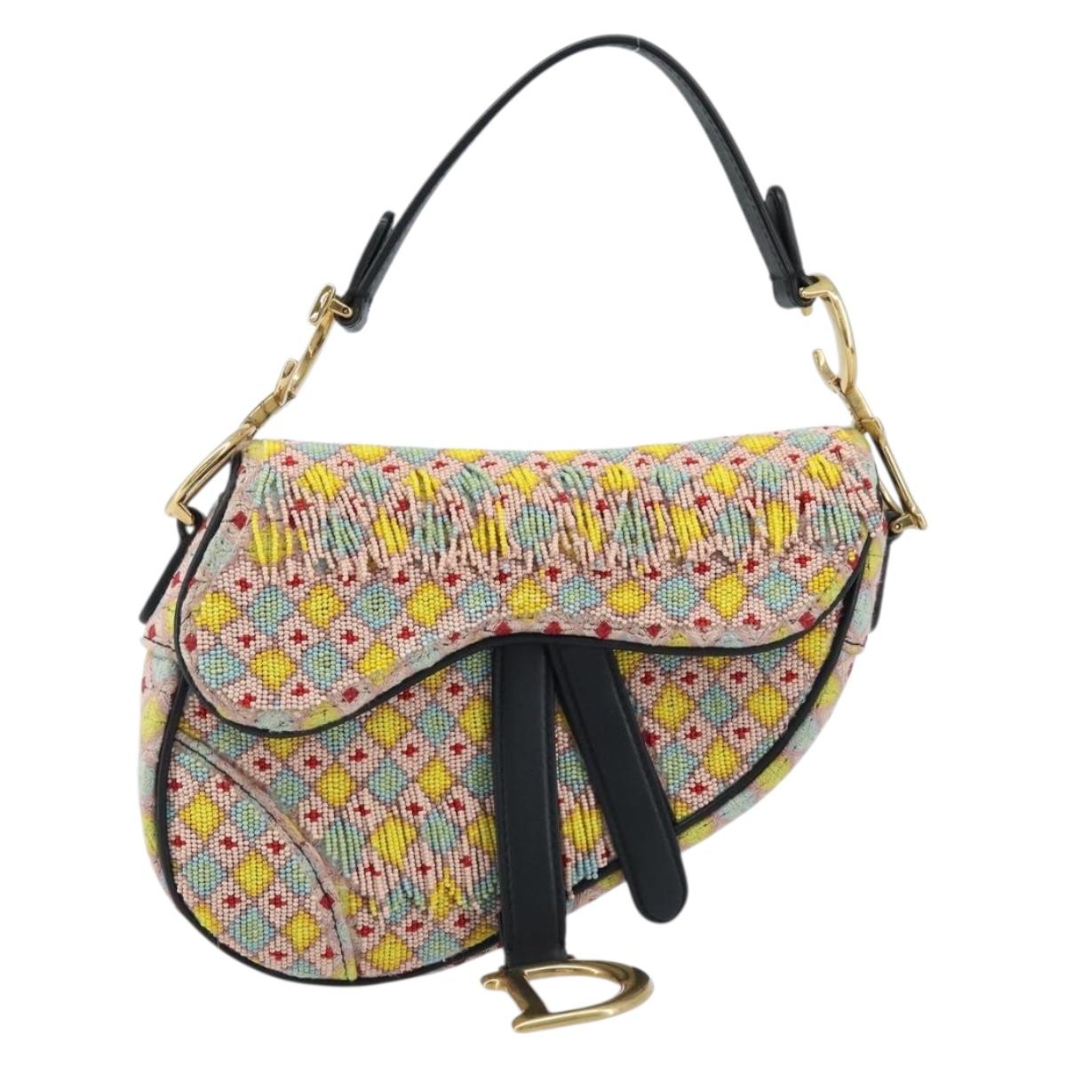 Christian Dior Beads Saddle Hand Bag Canvas Multicolor Gold Auth 171485SM