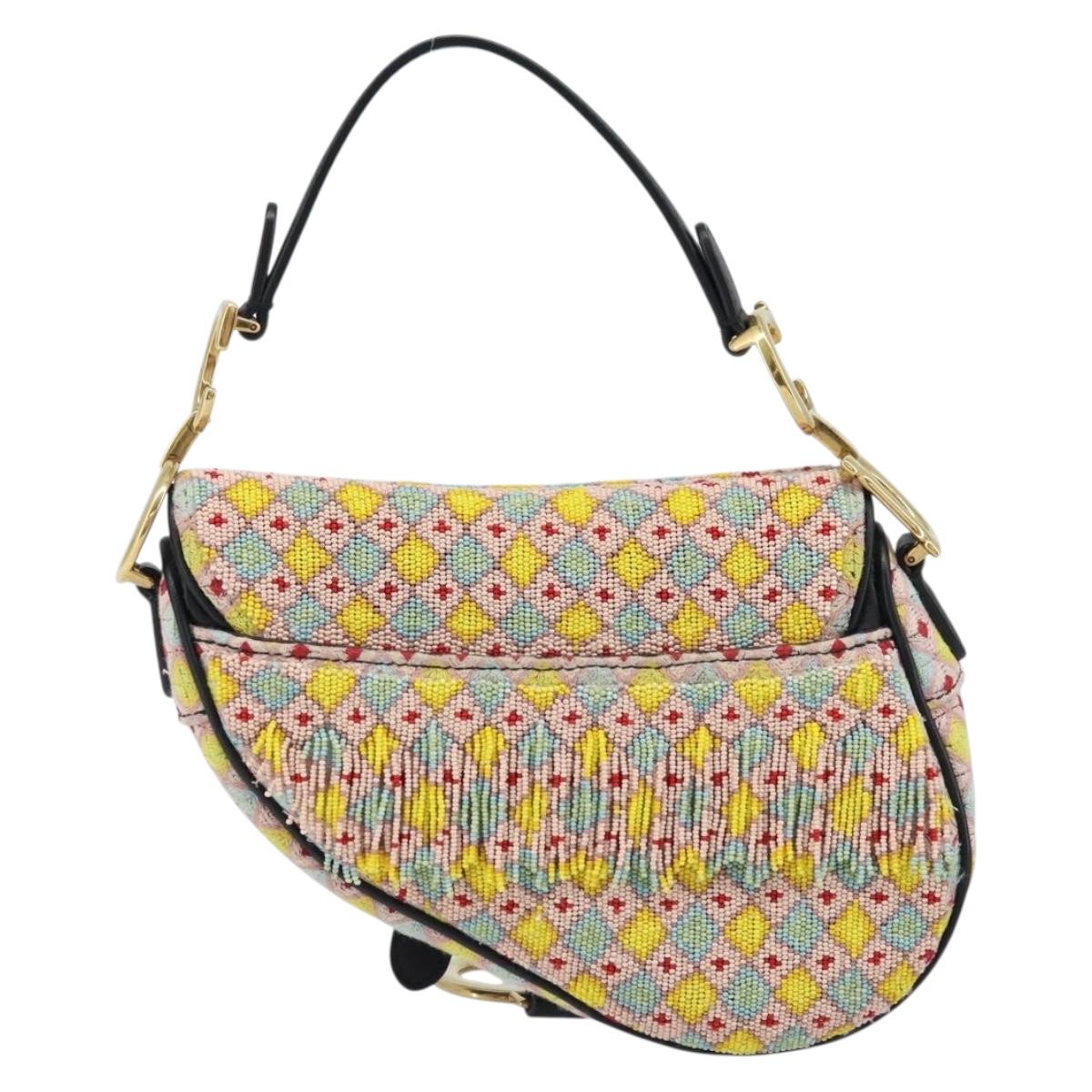 Christian Dior Beads Saddle Hand Bag Canvas Multicolor Gold Auth 171485SM