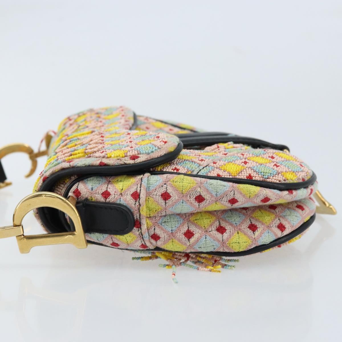 Christian Dior Beads Saddle Hand Bag Canvas Multicolor Gold Auth 171485SM