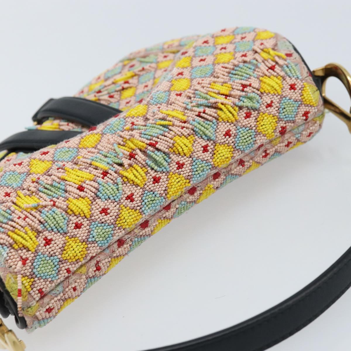 Christian Dior Beads Saddle Hand Bag Canvas Multicolor Gold Auth 171485SM