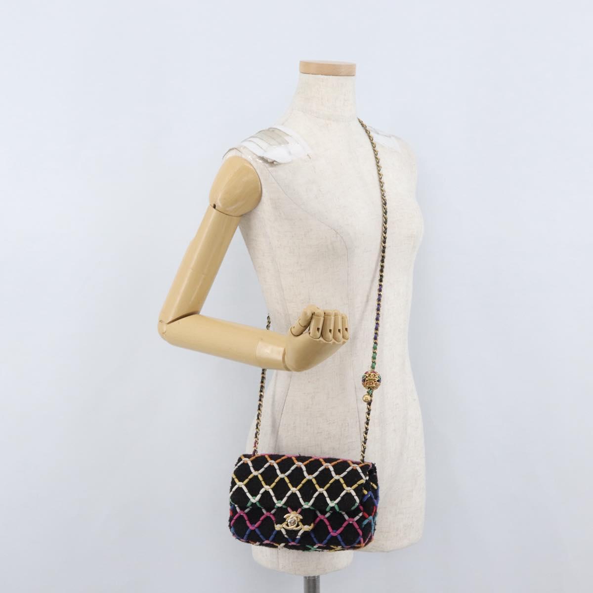 CHANEL Mini Matelasse 20 Chain Shoulder Bag Tweed Black Gold CC Auth 171505SAM