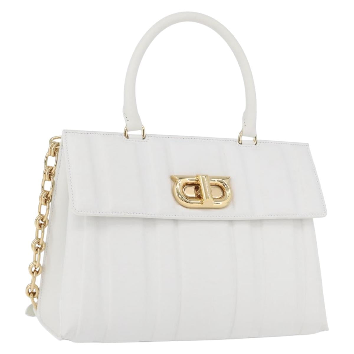 Salvatore Ferragamo Gancini Chain Bag Leather 2way White Gold Auth 171530M