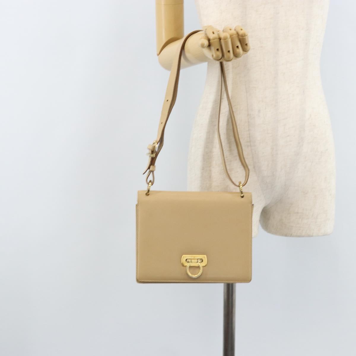 Salvatore Ferragamo Gancini Shoulder Bag Leather Beige Gold Auth 171532