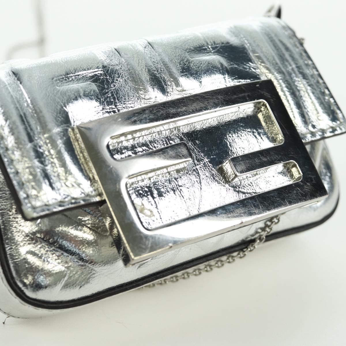 FENDI Zucca Canvas Chain Shoulder Pouch Nano Bucket Bag Silver Auth 171535M