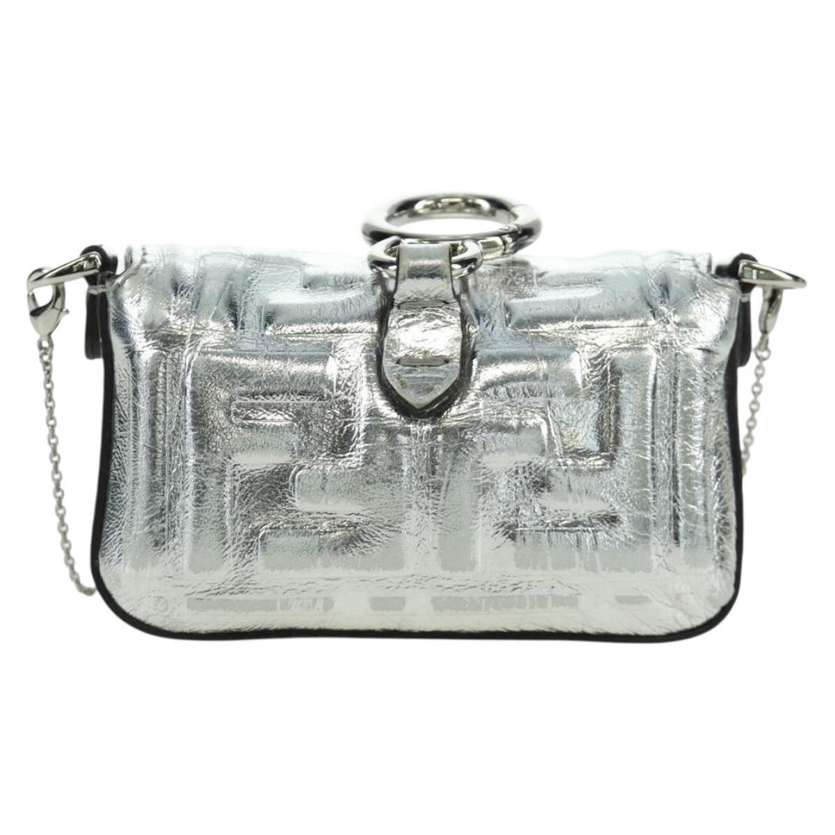 FENDI Zucca Canvas Chain Shoulder Pouch Nano Bucket Bag Silver Auth 171535M